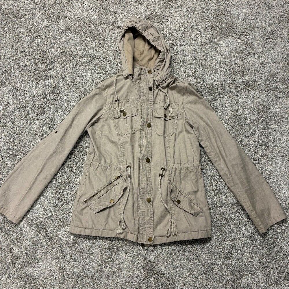 YMI Women’s Large Khaki Tan Hooded Utility Anorak Jacket Drawstring Y2K FLAW